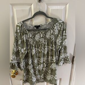 Women’s Olive Green Floral Smocked Peasant Top